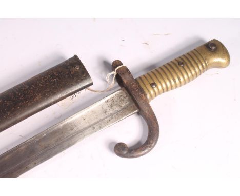 French model 1866 Chassepot sword bayonet having Yataghan recurved T form blade, the spine marked for St Etienne August 1868,