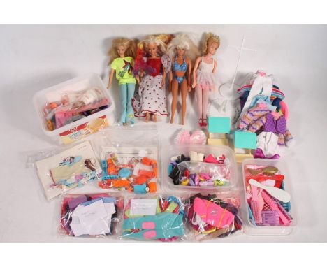 Mattel Barbie items to include four dolls, accessories to include clothing, furniture, fashion items etc.