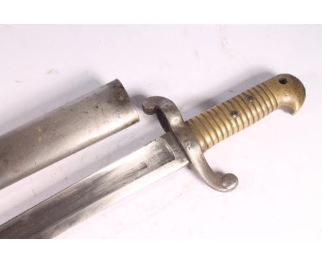 French model 1842 sword bayonet having Yataghan recurved T form blade, the spine unmarked, the guard stamped '349', brass gri