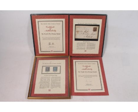 Westminster Mint 'The World's Most Famous Stamps' framed display with Victorian penny black QC, uneven margins with black MC 