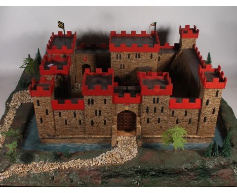 Large model fort modelled with moat, 90cm x 78cm, also a group of Britains Ltd Deetail knights and other figures.