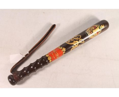 Standard pattern police truncheon, the body decorated with crowned GR cypher above a cartouche with red field with 'CONSTABLE