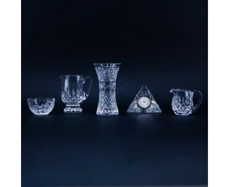 Grouping of Five (5) Waterford Crystal Tableware. Includes: pyramid clock, vase, creamer and sugar, and footed creamer. All s