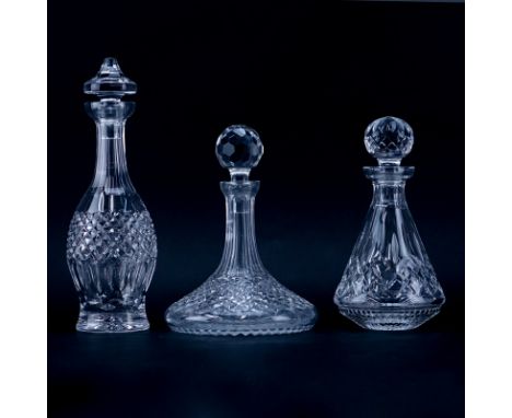 Collection of Three (3) Waterford Crystal Decanters. Includes: "Alana" ship's decanter, "Lismore" roly poly decanter, and "Co
