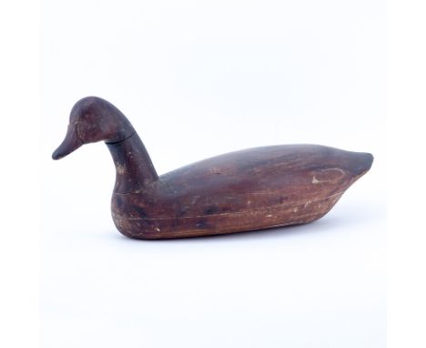 Large Vintage Wooden Duck Decoy with Distressed Paint. Unsigned. Wear consistent with age, rubbing, splits to wood but struct