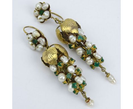 Vintage Emerald, Baroque Pearl and 14 Karat (or less) Yellow Gold Chandelier Earrings. Unsigned. Very good vintage condition.