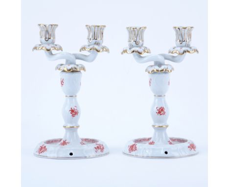 Pair of Herend Chinese Bouquet (Rust) Two Arm Porcelain Candle Holders. Signed and numbered. Breaks down into two pieces, pre