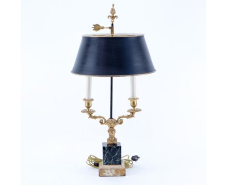 Bronze Figural Bouillotte Lamp With Later Tole Shade. On marble plinth and base. Electrified. Good condition. Measures 27" H 