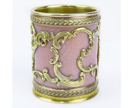 Russian Faberge 88 Silver and Very Rare Pink Opalescent Guilloche Enamel Vodka Cup with Rococo Design Overlay. Stamped ??????