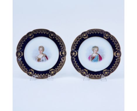 Two (2) Sevres Hand Painted Porceain Portrait Cabinet Plates. Titled and signed en verso Bourgogne and Mme Lafayette, Sevres 