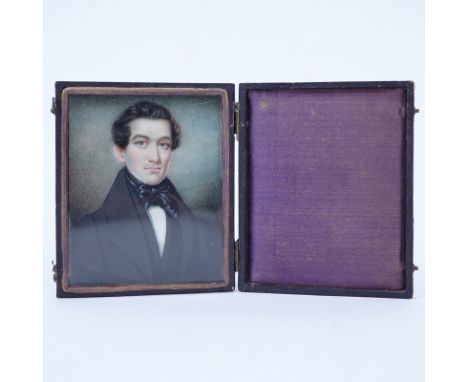 19th Century Miniature Hand Painted Portrait Miniature "Gentlemen". In leather case. Unsigned. Good condition. Measures 3-1/8