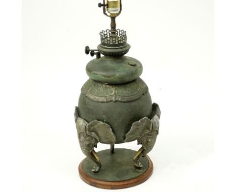 Bradley & Hubbard Cast Metal Three Elephant Lamp Base. Signed B & H. Wear, oxidation. Measures 16" to top fret work. Shipping