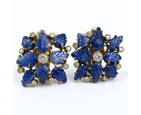 Circa 1930s Approx. 10.0 Carat Carved Sapphire, 2.0 Carat Round Brilliant Cut Diamond and 18 Karat Yellow Gold Clip Earrings.
