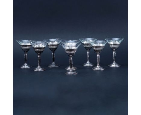 Set of Eight (8) Vintage Etched Glass Cordials In Reticulated Sterling Silver Holders. Signed El Sil Co.  2 with tiny edge ch