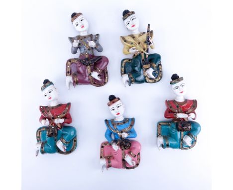 Collection of five (5) Vintage Thai Hand Painted Wood Wall Hanging Musicians. Rubbing to paint, normal nicks. Largest measure