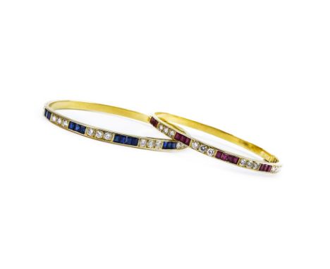 Van Cleef & Arpels Vintage Two (2) 18 Karat Yellow Gold and Diamond Hinged Bangle Bracelets One Set with Rubies the other wit