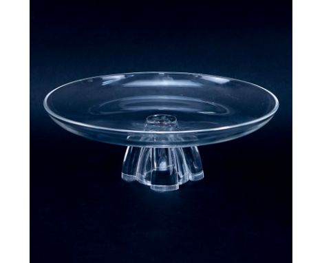 Steuben Crystal Pedestal Stand/Cake Stand. Signed. Very small flea bite to base, normal scuffs to base from display. Measures