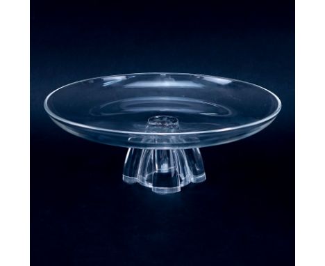 Steuben Crystal Pedestal Stand/Cake Stand. Signed. Very small flea bite to base, normal scuffs to base from display. Measures