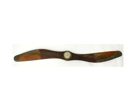 Antique Seth Thomas Ship's Clock affixed to Large Wooden and Metal Mounted Plane Propeller. Clock appears to not be in workin