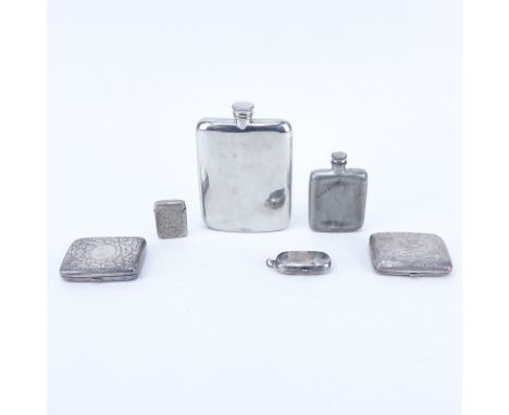 Collection of Four (4) Sterling Silver Cases Along With Two (2) Silver Plated Flasks. Sterling cases signed, good condition a