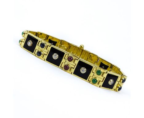 Vintage Italian Zancan Approx. .75 Carat Round Brilliant Cut Diamond, Cabochon Ruby, Sapphire, Emerald and 18 Karat Yellow Go