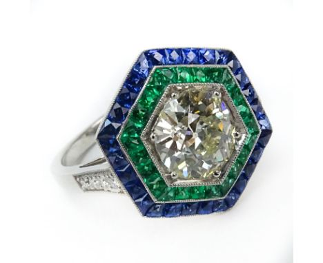 Approx. 1.50 Carat Old European Cut Diamond, 1.40 Carat Sapphire, .85 Carat Emerald and Platinum Ring. Diamond I-J color, VS2