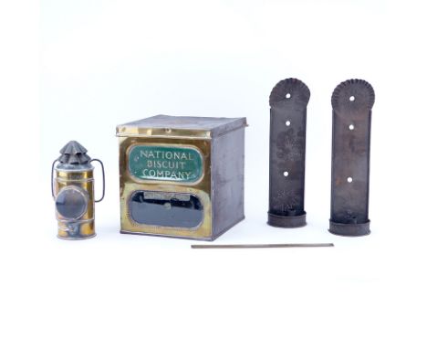 Lot of Five (5) American Metalware Antiques. Includes National Biscuit Company brass biscuit box, brass boat signal lantern, 