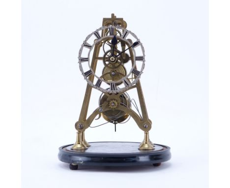 Antique Gilt Brass Skeleton Clock. Key and pendulum included. Missing glass globe, appears to Not be in running condition, sc