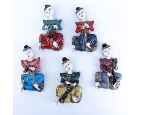 Collection of five (5) Vintage Thai Hand Painted Wood Wall Hanging Musicians. Rubbing to paint, normal nicks. Largest measure
