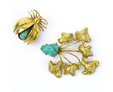 Two Vintage 18 Karat Yellow Gold and Turquoise Brooches. One stamped 750. Good vintage condition. Larger measures 1-5/8 " L, 