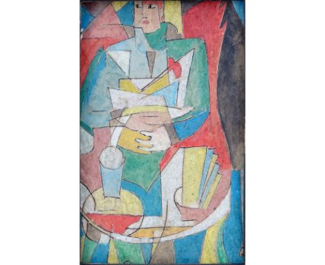 Ramon Alva Canal, Mexican (1892 - 1985) Watercolor on paper laid down on cardboard "Cubist Portrait Of A Man". Signed lower r