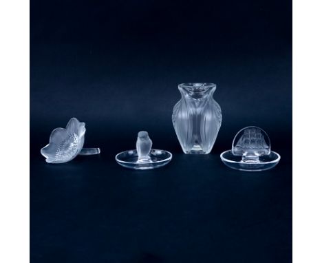 Collection of Four (4) Lalique Crystal Tableware. Includes: "Pavie" vase, "Anemone" paperweight, "Clipper Ship" ring/trinket 