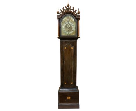 George Hobart, London; a George III and later mahogany and inlaid longcase clock, the arched hood with pierced fretwork and t