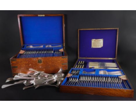 A brass bound oak cased canteen, retailed by Army &amp; Navy C.S.L., of Old English pattern electroplate flatware, comprising