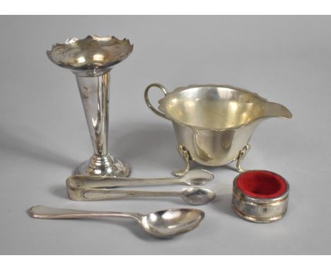 A Silver Plated Bud Vase, Teaspoon, Sugar Bow, Bottle Drip Ring and Small Sauce Boat 