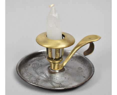 An Art Nouveau White Metal and Brass Bedchamber Stick with Circular Engraved Tray, 11cm Diameter, Stamped Italia Domanda 15.0