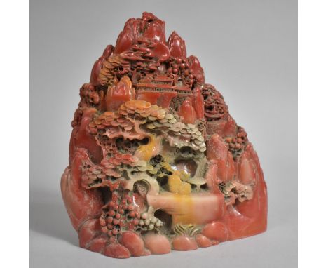 A Carved Chinese Boulder Depicting Mountain Village with Trees, 16.5cm high 