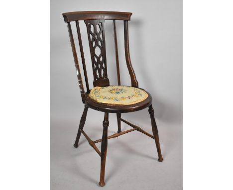 An Edwardian Inlaid Mahogany Circular Tapestry Seated Side Chair with Pierced Back Splat 
