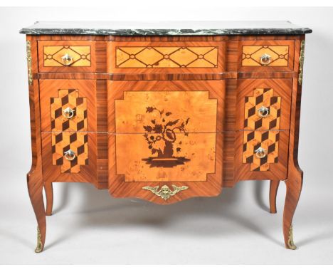 A Modern Continental Inlaid Breakfront Marble Three Drawer Commode Chest, 114cm wide 