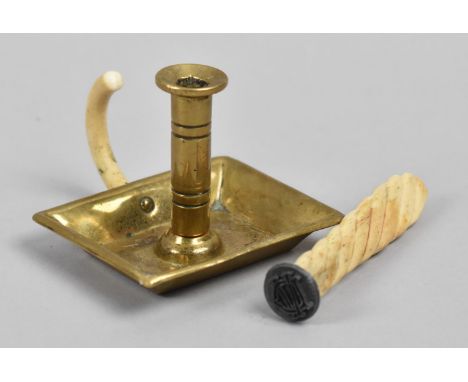 A Victorian Monogrammed Seal Together with a Small Victorian Brass Bed Chamber Stick on Rectangular Tray with Ivory Handle, 7