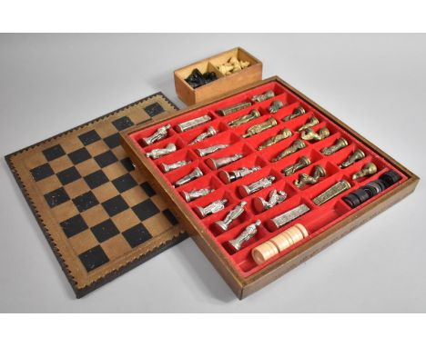 A Mid 20th Century Combination Chess and Draughts Sets, with Leather Chequerboard Top Together with a Vintage Set of Boxwood 