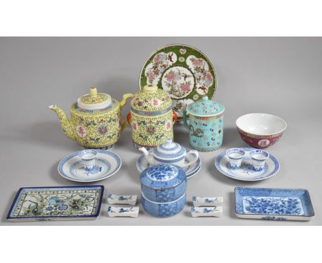A Collection of Various Oriental Items to include Teapot, Tea Caddy, Cup and Cover, Blue and White Etc 