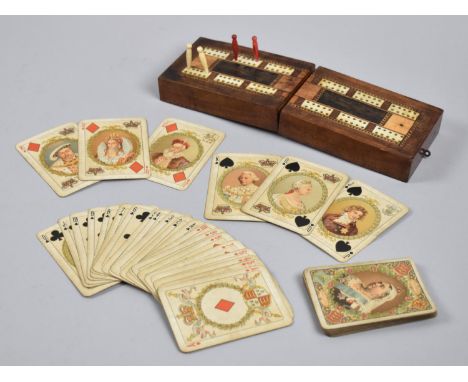 A 19th Century Inlaid Mixed Veneer and Ivory Card and Cribbage Box Containing a Pack of Victorian Playing Cards, Kings and Qu