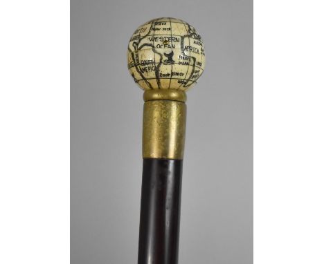 A Reproduction Walking Cane with Globe Handle Which Opens to Reveal Sundial and Compass, 84cm Long 