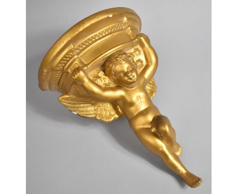 A Moulded Gilt Composition Wall Sconce Shelf with Cherub Support, 31cm high 