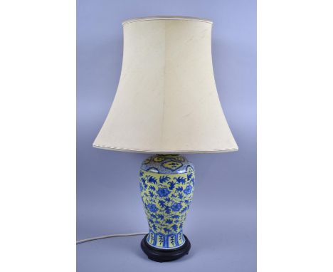 A Yellow and Blue Glazed Ceramic Vase Shaped Table Lamp with Shade, 70cm High Overall 