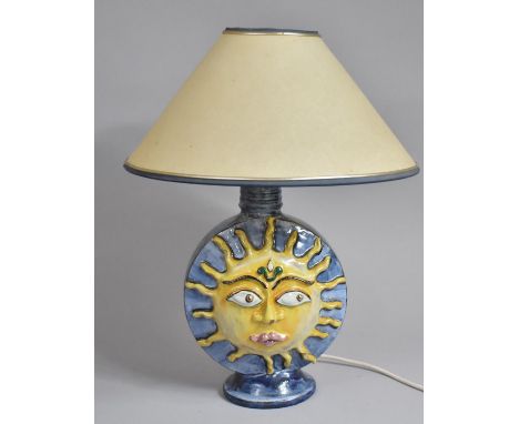 A Ceramic Table Lamp in the form of a Moon Flask, One Side Decorated with Sun the Other with Moon, 46cm high 