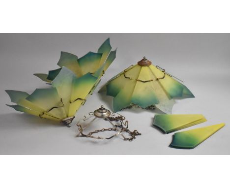 A Set of Four Art Deco Glass Ceiling Light Shades and Fittings of Panelled Shaped Form, Yellow to Green Gradient Glass Colour