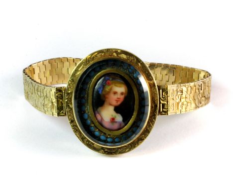 An antique yellow metal (tested minimum 9ct gold) hand painted portrait miniature bracelet, engraved on the back Mrs. P. W. M