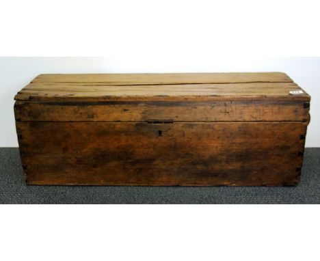 A 19th century pine trunk with twin rope handles, 90cm x 29cm x 31cm.